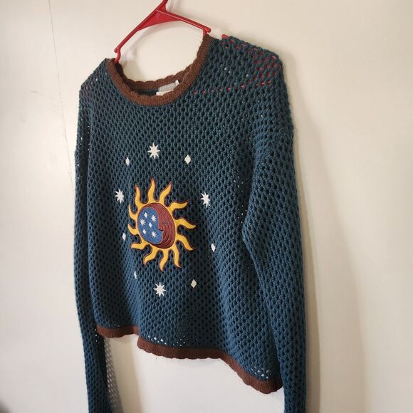 Earthbound Trading Co Celestial Open Knit Sweater Green XL Hippie Boho Cropped - Picture 3 of 9